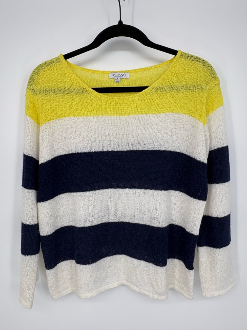 BACIANO Sweater Striped Crewneck in Yellow, Navy & White Stripes Women’s Small